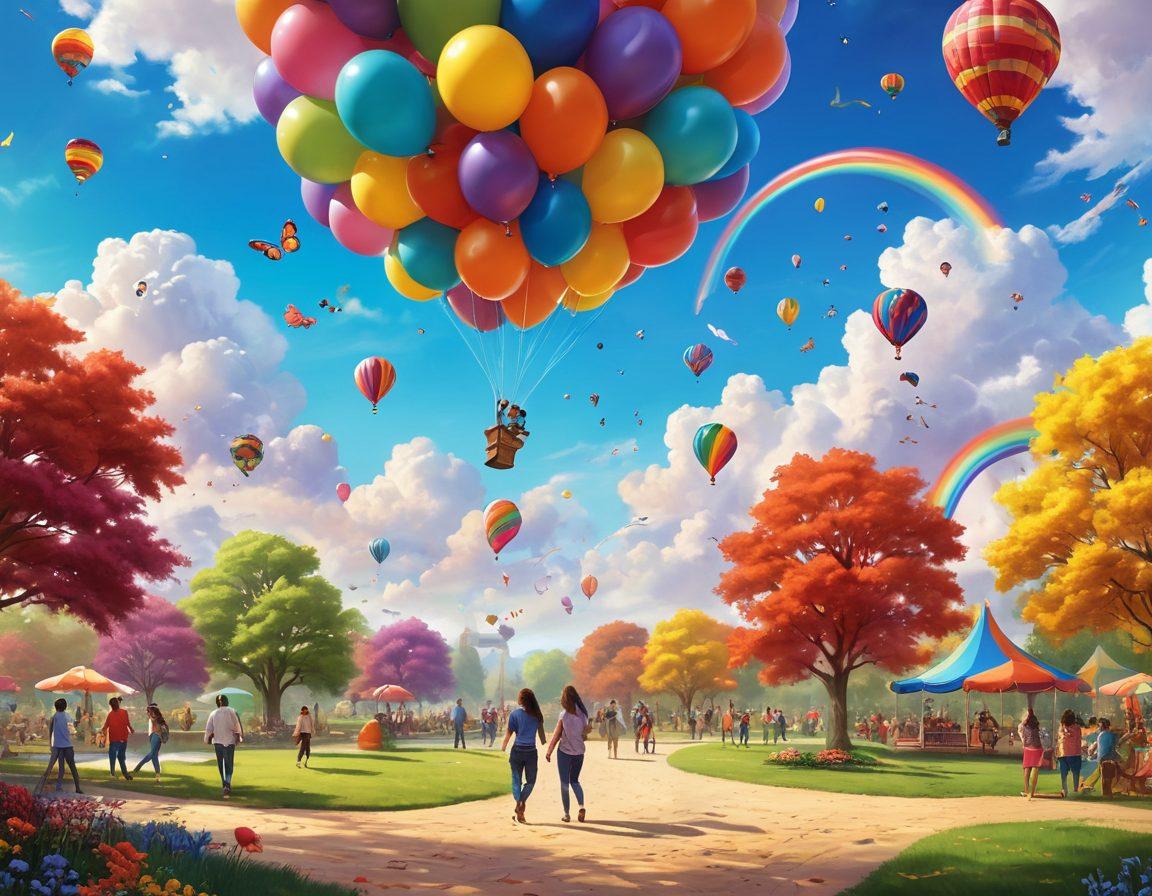 A whimsical scene featuring a colorful park with people of diverse backgrounds laughing, playing games, and enjoying life under bright, cheerful clouds. Include playful elements like giant balloons, butterflies, and a rainbow in the sky, creating a sense of joy and positivity. Emphasize vibrant colors to evoke a sense of happiness and playfulness. super-realistic. vibrant colors. bright background.