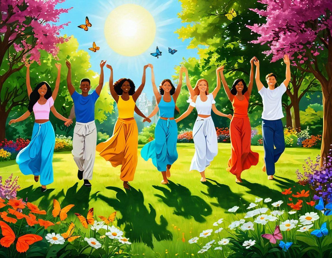 A vibrant and joyful scene depicting a diverse group of people engaged in various activities that promote a blissful lifestyle, such as meditation, dancing, cooking healthy meals, and enjoying nature. The background features a sunny park with blooming flowers and butterflies, symbolizing happiness and vitality. Use bright, lively colors to evoke a sense of energy and enthusiasm. super-realistic. vibrant colors. sunny ambiance.