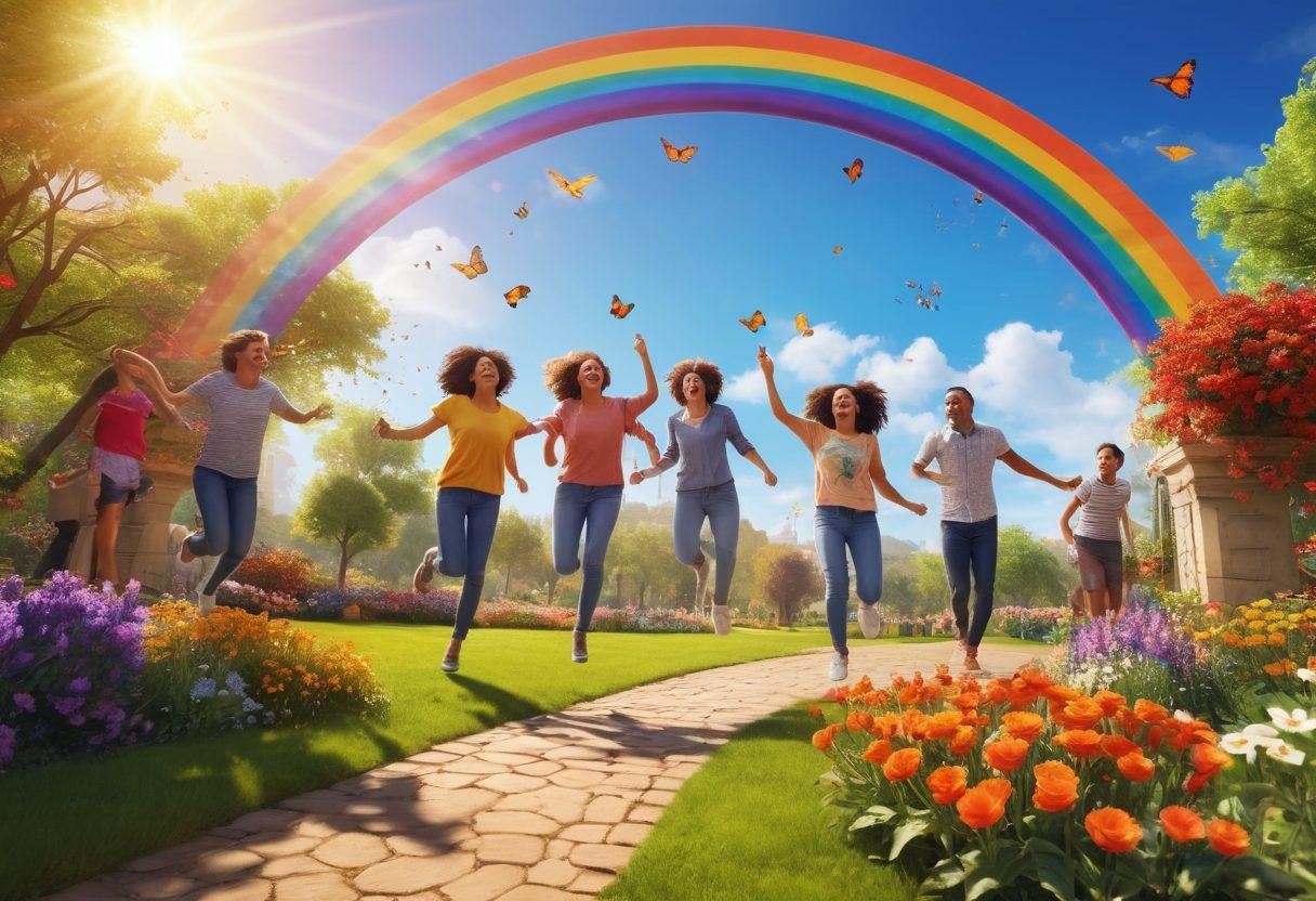 A cheerful scene depicting a diverse group of people outdoors, laughing and engaging in playful activities like jumping, dancing, and playing games in a bright, sunny park filled with colorful flowers and butterflies. In the background, a vibrant rainbow arches across the sky, symbolizing joy and positivity. The overall mood is light-hearted and energetic, inviting viewers to embrace life. super-realistic. vibrant colors. sunny atmosphere.
